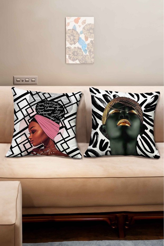 Black Girl Patterned Pink Black White Colored 2-Piece Digital Printed Throw Pillow Cover