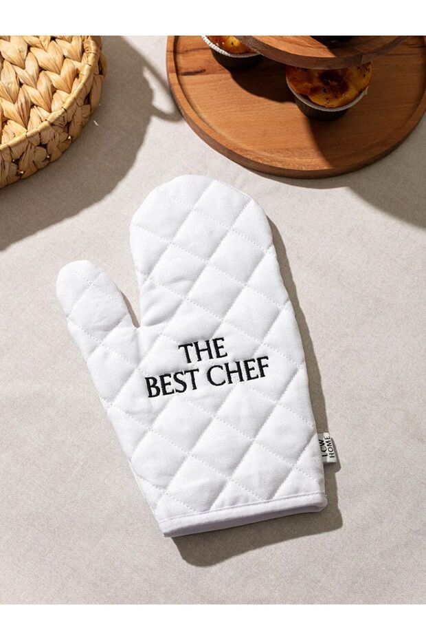 Oven Mitts with White Text Embroidery, Cotton
