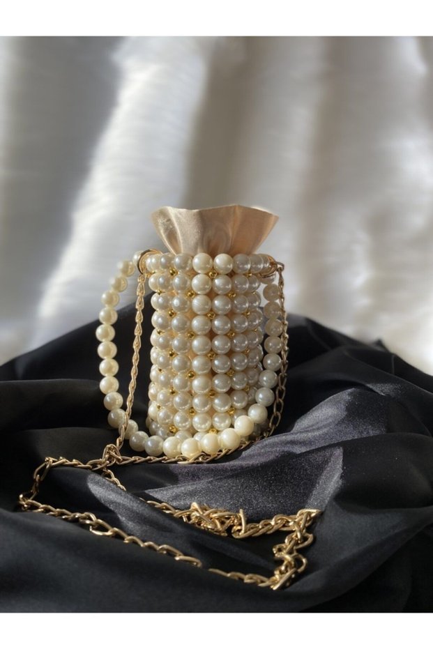 Women's Beanch Series Pearl Cream Gold Color Bead Bag Shoulder Bag