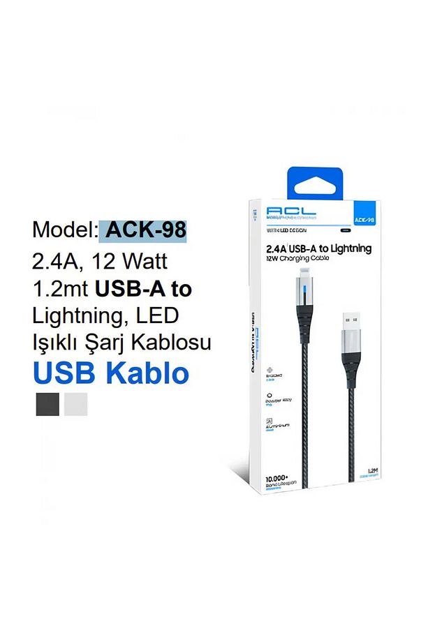ACK-98 2.4A, 12 Watt 1.2mt USB-A to Lightning, LED Işıklı Şarj Kablosu - 2