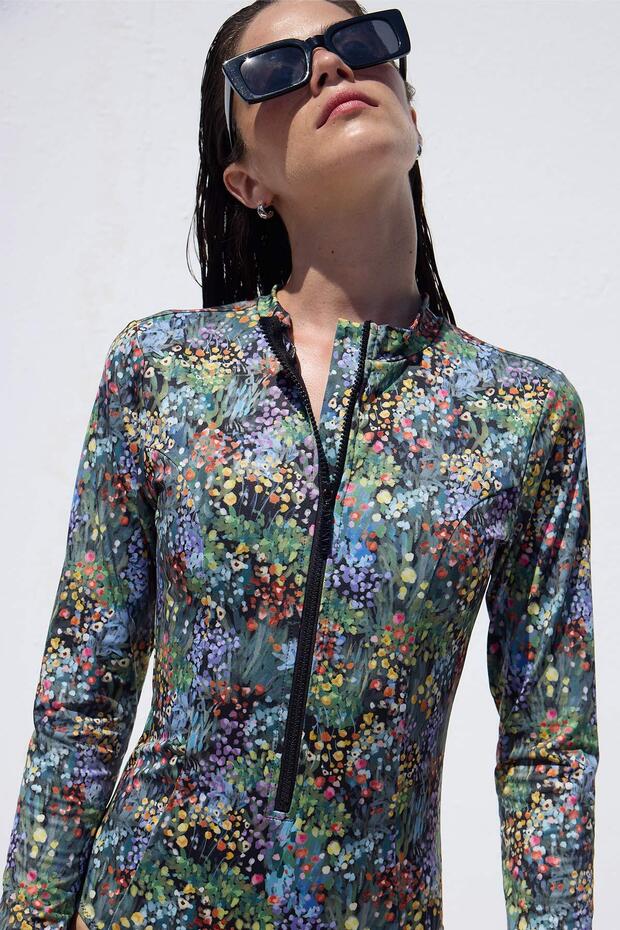 ملابس سباحة لركوب الأمواج بسحاب منقوشة بزهرة صغيرة - 7