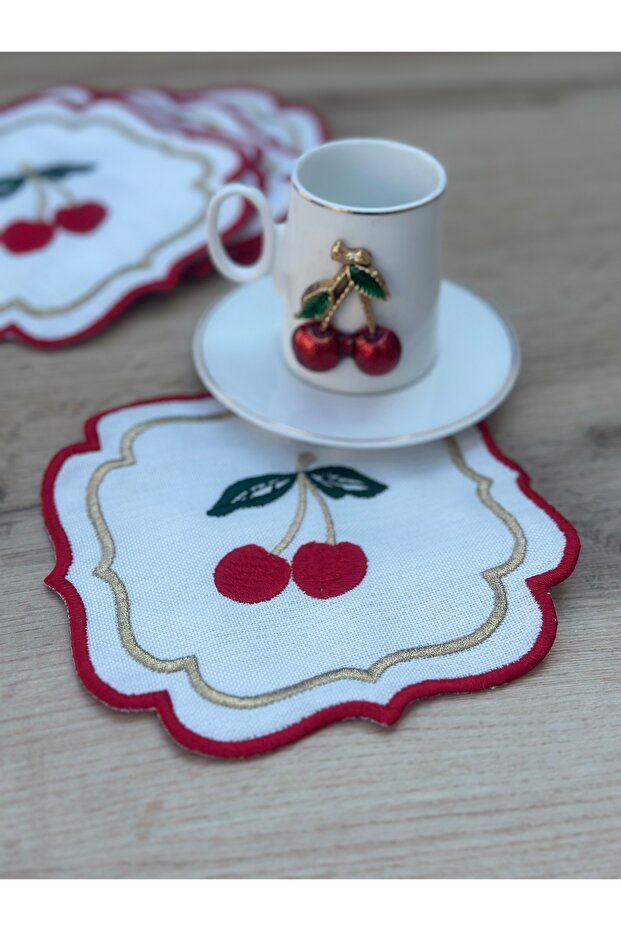 6lı Kirazlı Dantelli Örme Peçetelik - 4