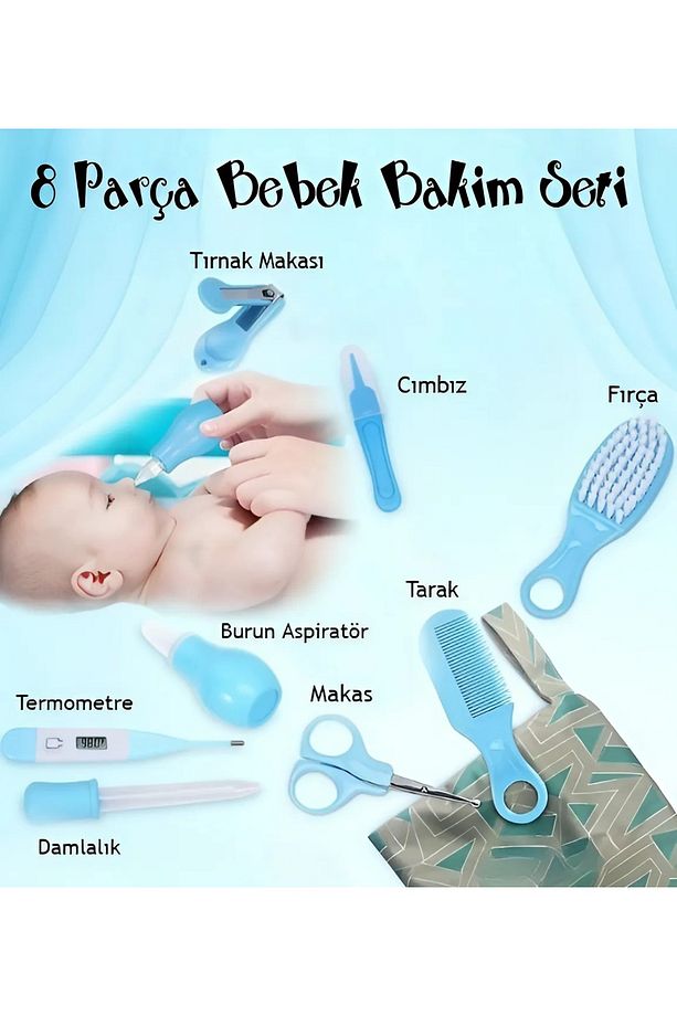 8'li Bebek Bakım Seti Tırnak Makası Burun Temizlik Dijital Termometre Cımbız Tarak Fırça Kutusu - 1