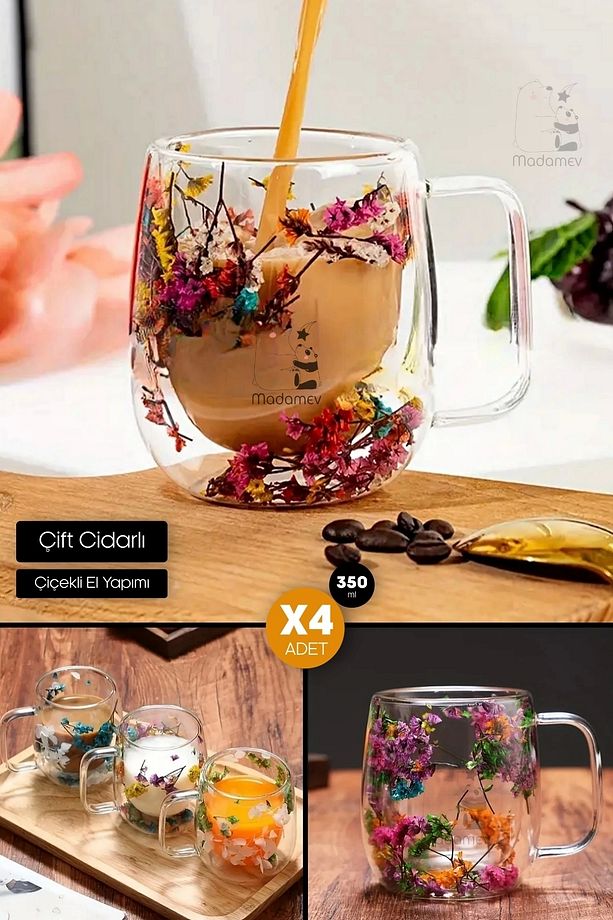 4lü Çift Cidarlı Çiçekli Flower Cup Bardak 350 ml El Yapımı Borosilikat Kulplu Kahve Sunum Bardağı - 1