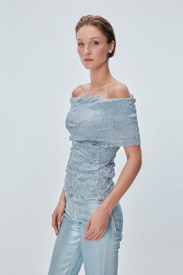 Bardot Yaka Simli Kırışık Model Bluz - 3