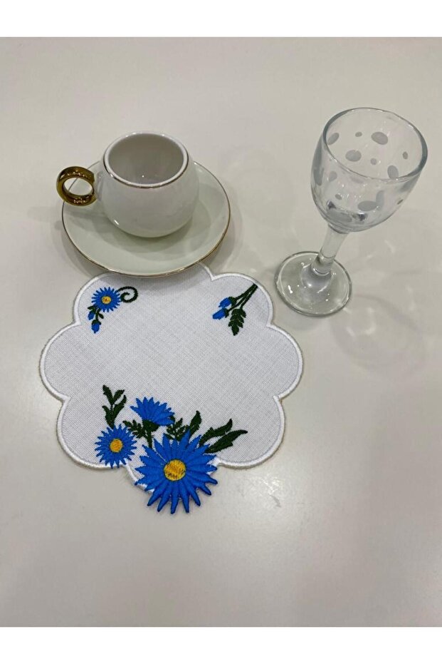 6 Pieces Linen Fabric with Sun Flower Pattern Embroidered Coffee Side Cocktail Napkin & Coasters