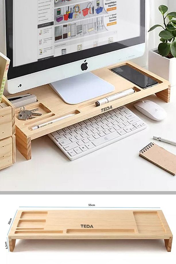 Monitör Altlığı, Masa Üstü Ahşap Organizer & Monitör Standı Monitör Yükseltici - 4