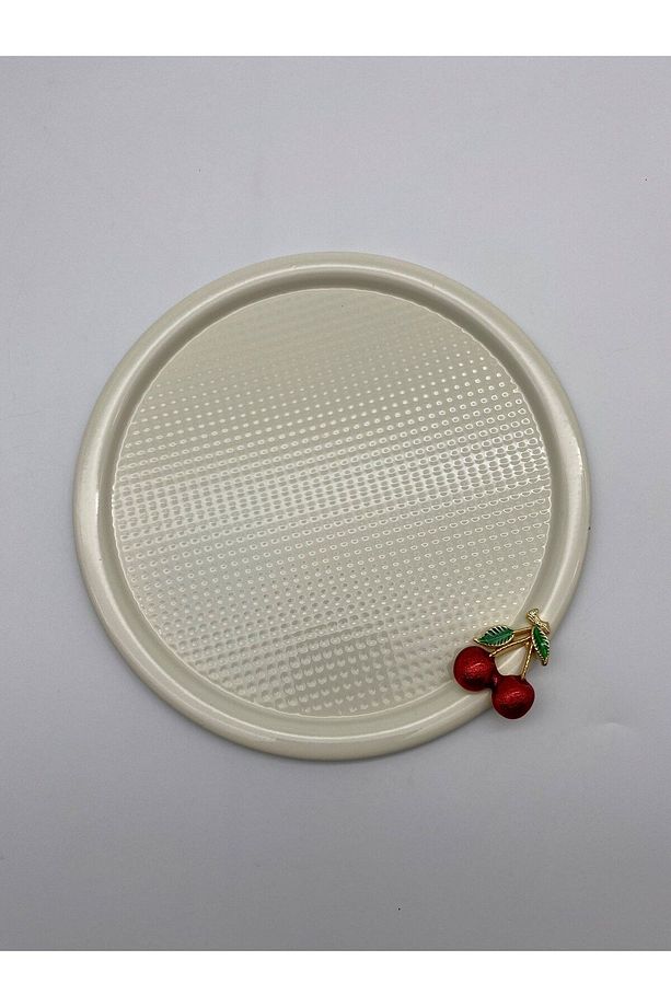 6'lı Kirazlı Yuvarlak Krem Çay ve Kahve Sunum Tepsisi, Dekoratif Servis Tepsisi 22cm Tek Kişilik - 4