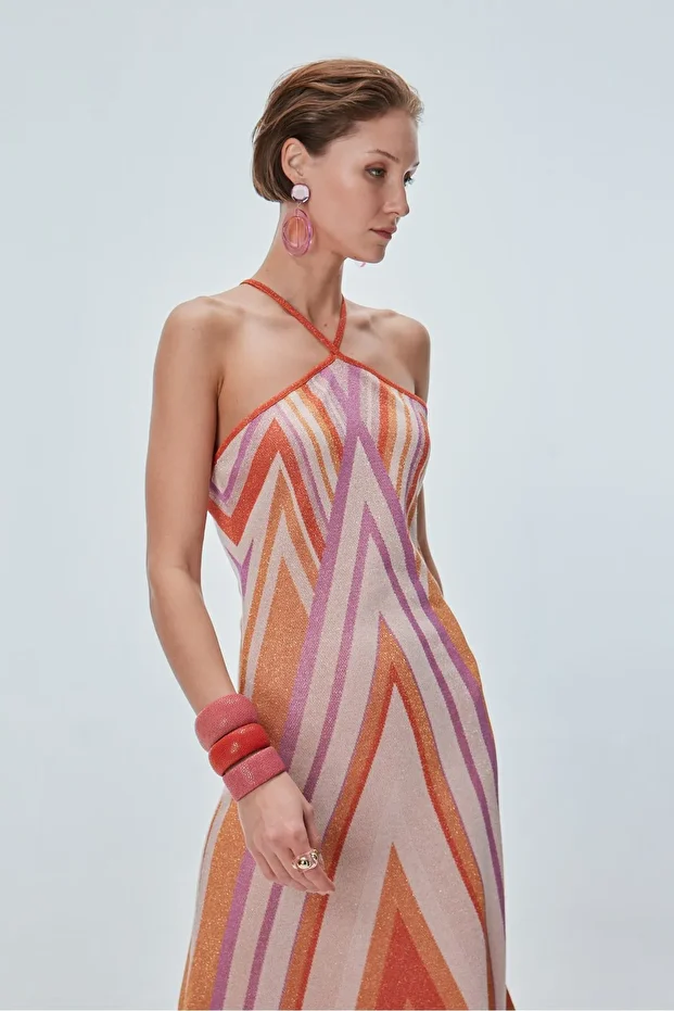 Renk Bloklu Halter Yaka Midi Elbise - 4