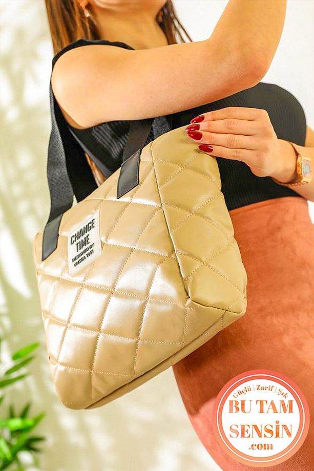 Kadın Bej Kapitone Nakışlı Fermuarlı Astarlı Çift Tutma Saplı Taşıma Çantası (Tote Bag) - 2