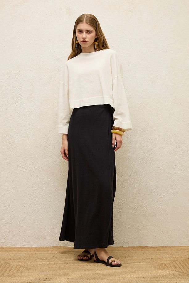 PAMUKLU GENİŞ KOL CROP BLUZ EKRU - 5