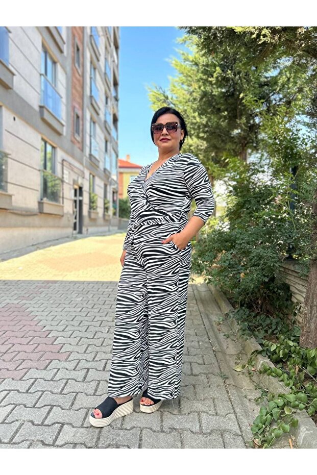 Zebra Patterned Plus Size Double Breasted Collar Jumpsuit - 7