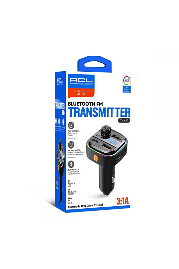 AFT-13 Wireless, 3.1A 2xUSB, TF Kartlı Type-C, RGB Işıklı FM Transmitter - 4