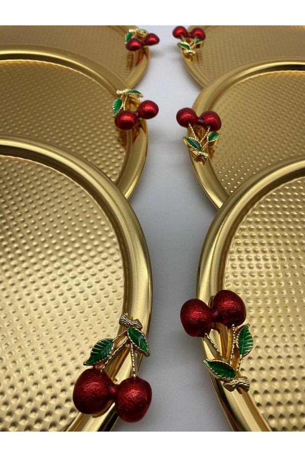 6-Piece Cherry Round Gold Tea and Coffee Presentation Tray, Decorative Serving Tray 22cm for One Person