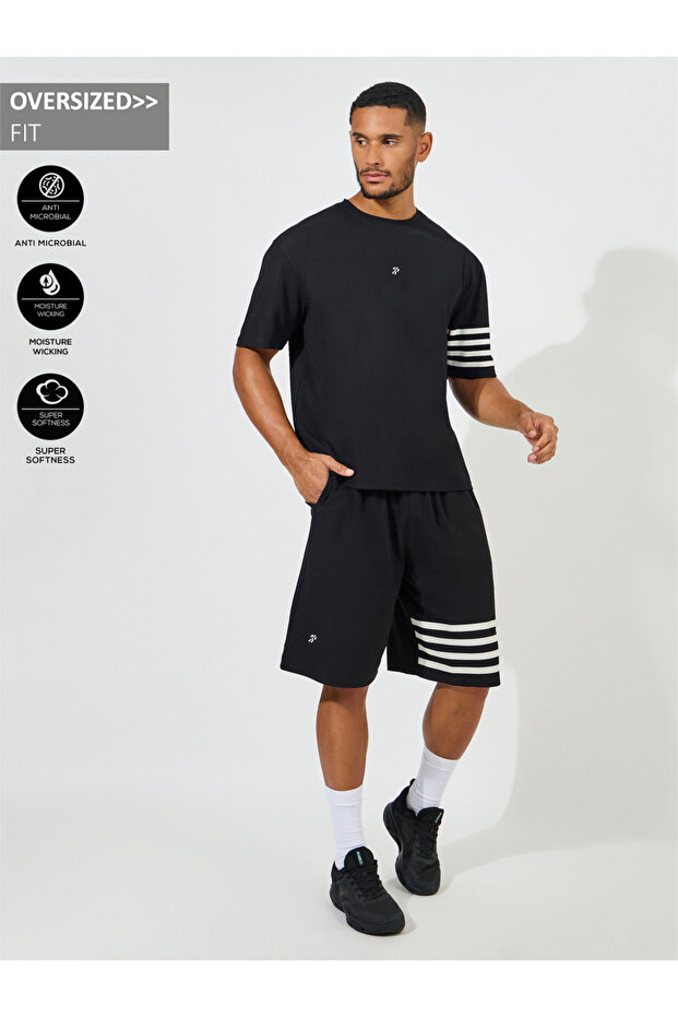 Oversized Stretch Pique Knit T-Shirt & Striped Shorts Set