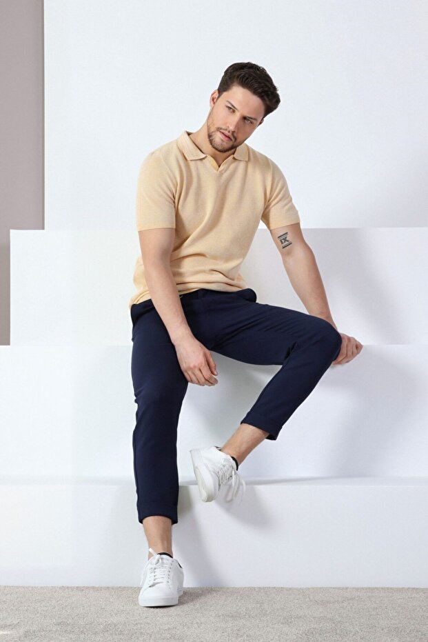Mustard/white Eyelet Patterned Polo Collar 100% Cotton Men's Knitwear T-shirt