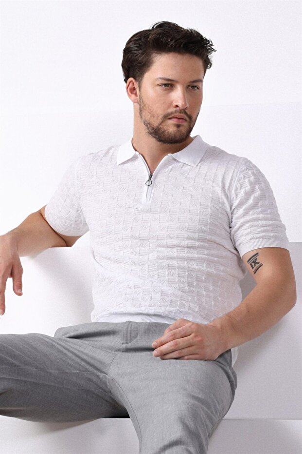 White Polo Collar Zippered 100% Cotton Men's Knitwear T-shirt