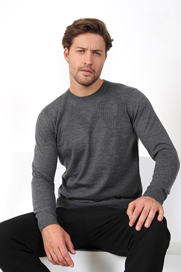 Antrasit Bisiklet Yaka Superfine Yün Erkek Triko Kazak - 1