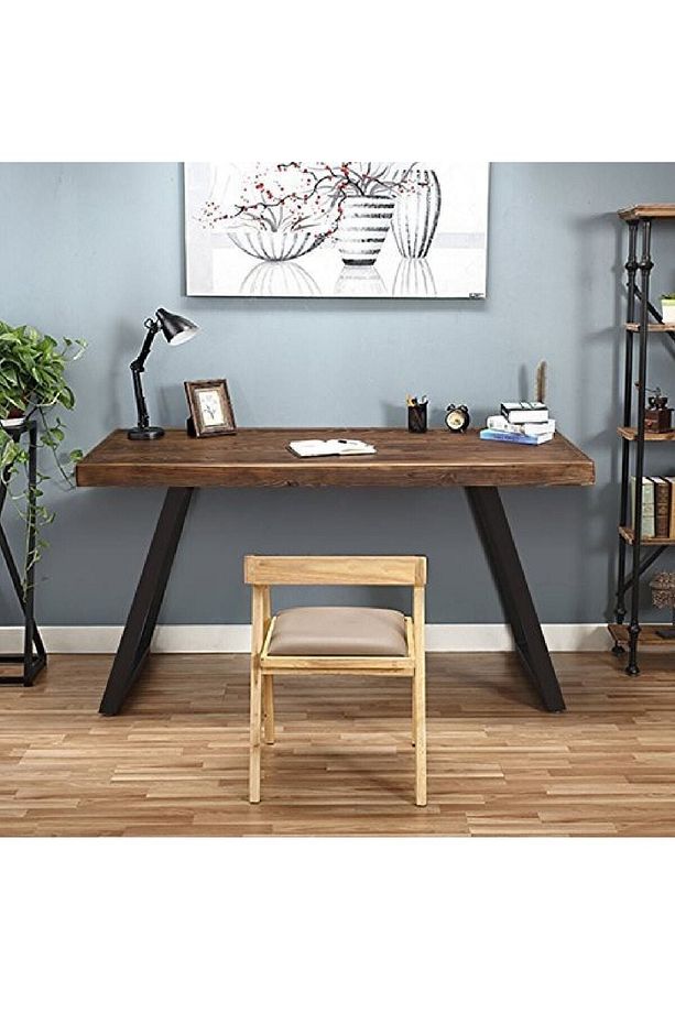 Ahşap Masif Ağaç Doğal Çalışma Masası Demir Iskelet Ofis Masası - 4