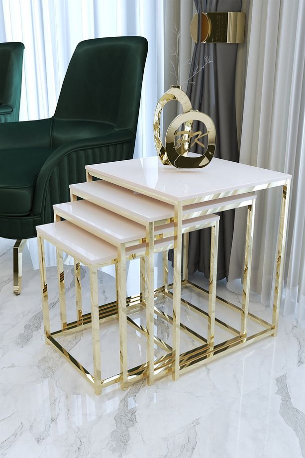 Duru 4'lü Kare Zigon Sehpa Seti Gold Ayak, Krem Mdf - 2