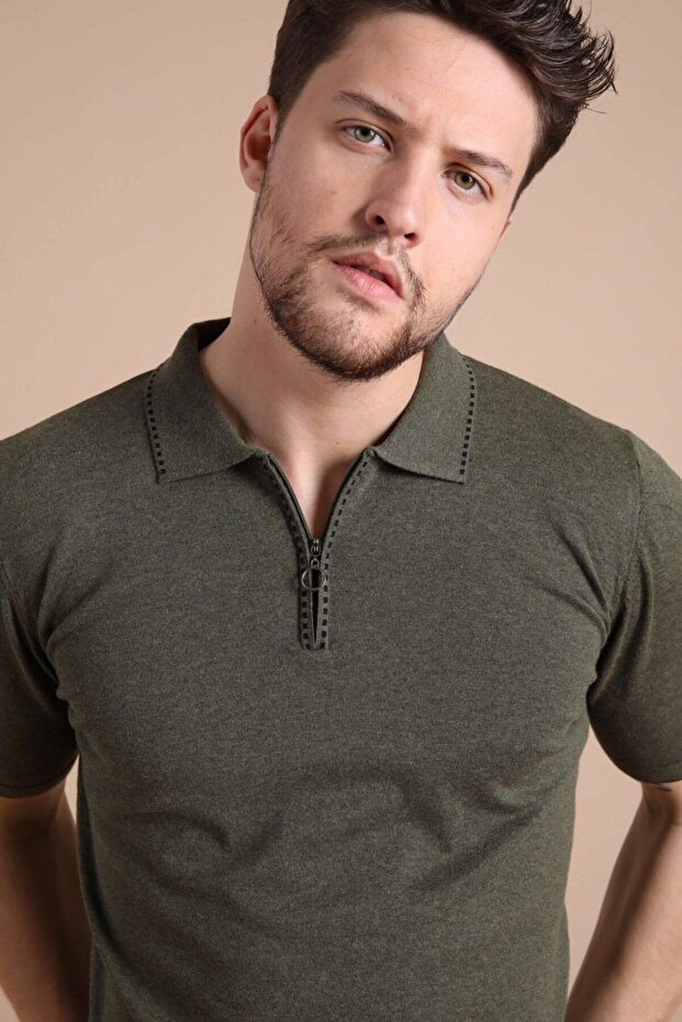 Khaki Polo Collar Zippered 100% Cotton Men's Knitwear T-shirt