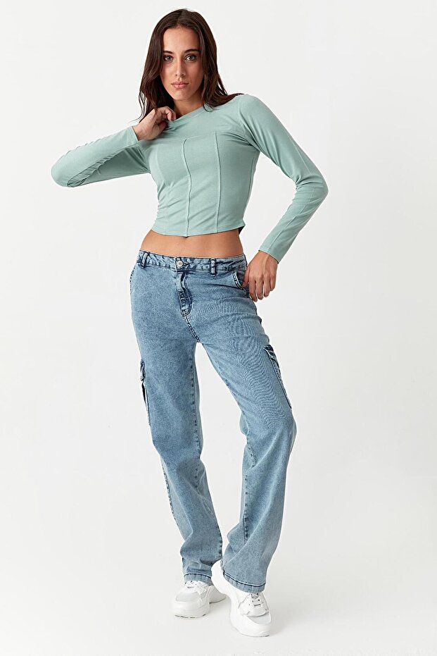 Kadın Mavi Kargo Pantolon - 3