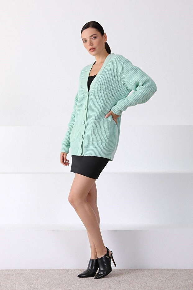 Kadın Yeşil Oversize Triko Hırka - 3