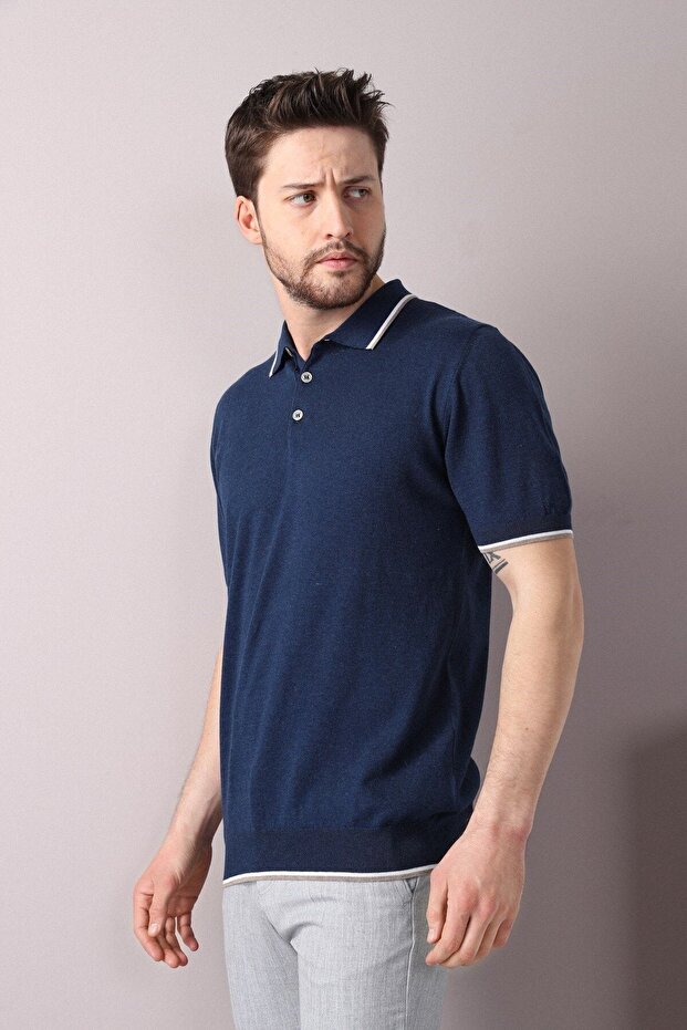 A.navy/white Collar Stripe Buttoned 100% Cotton Men's Knitwear T-shirt