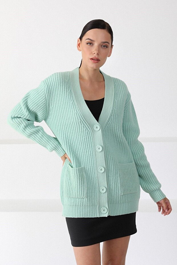 Kadın Yeşil Oversize Triko Hırka - 4