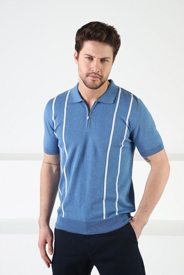 A. Airman Zippered Polo Collar 100% Cotton Men's Knitwear T-Shirt