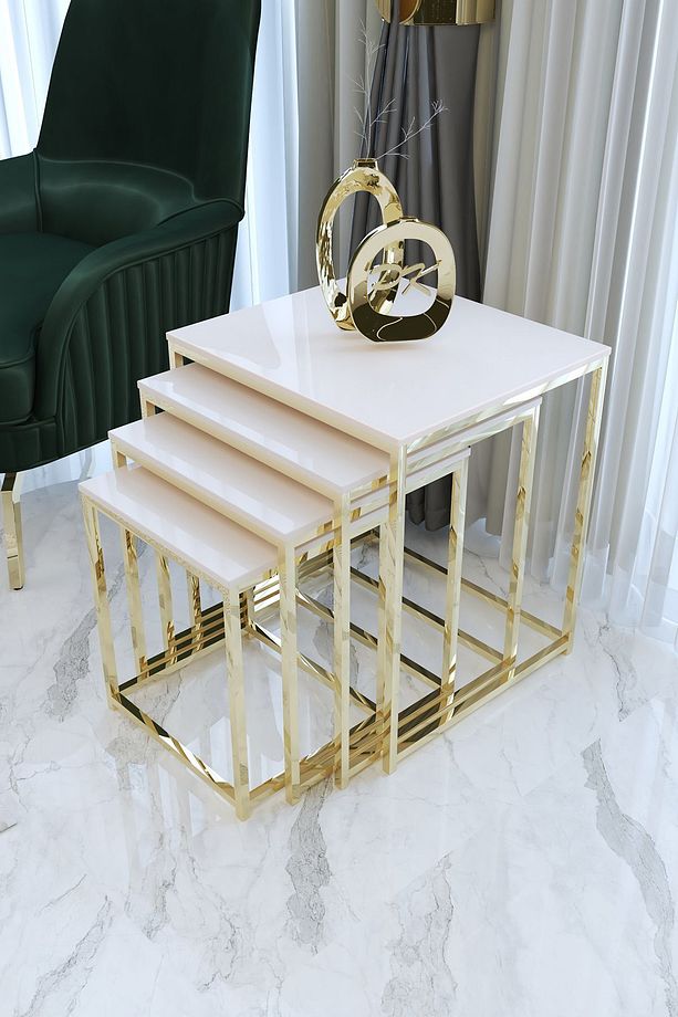 Duru 4'lü Kare Zigon Sehpa Seti Gold Ayak, Krem Mdf - 1