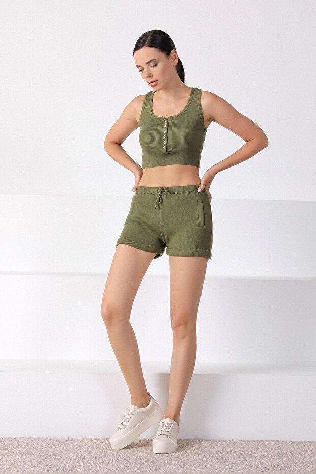 Kadın Haki Cepli Triko Şort - 2