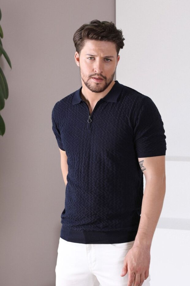 Navy Blue Polo Collar Zippered 100% Cotton Men's Knitwear T-shirt