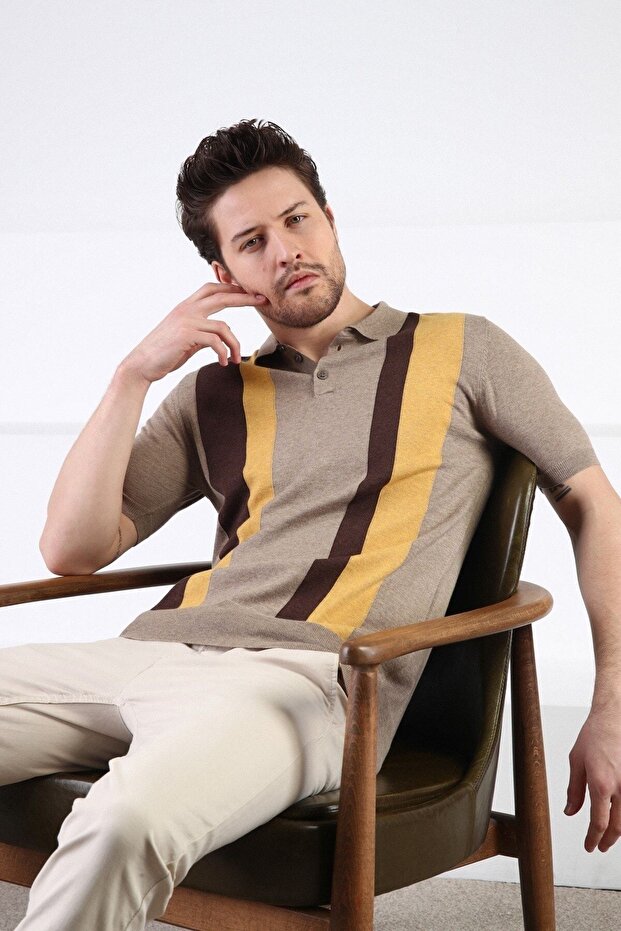 Beige Buttoned Polo Collar 100% Cotton Men's Knitwear T-shirt