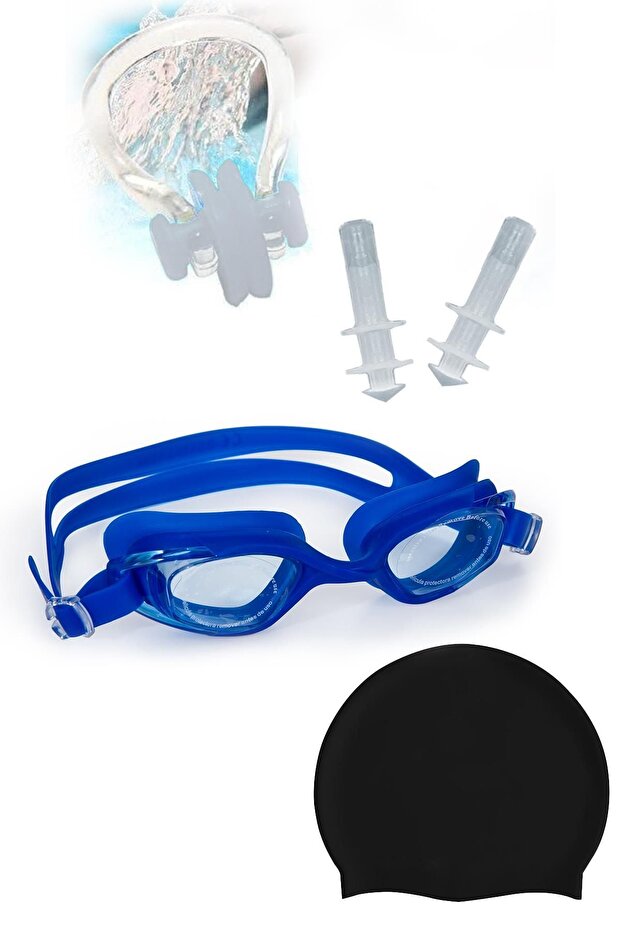 Set of 4 Buhu-proof Pool/Sea Swimming goggles, Waterproof Silicone cap, ear plug nose plug