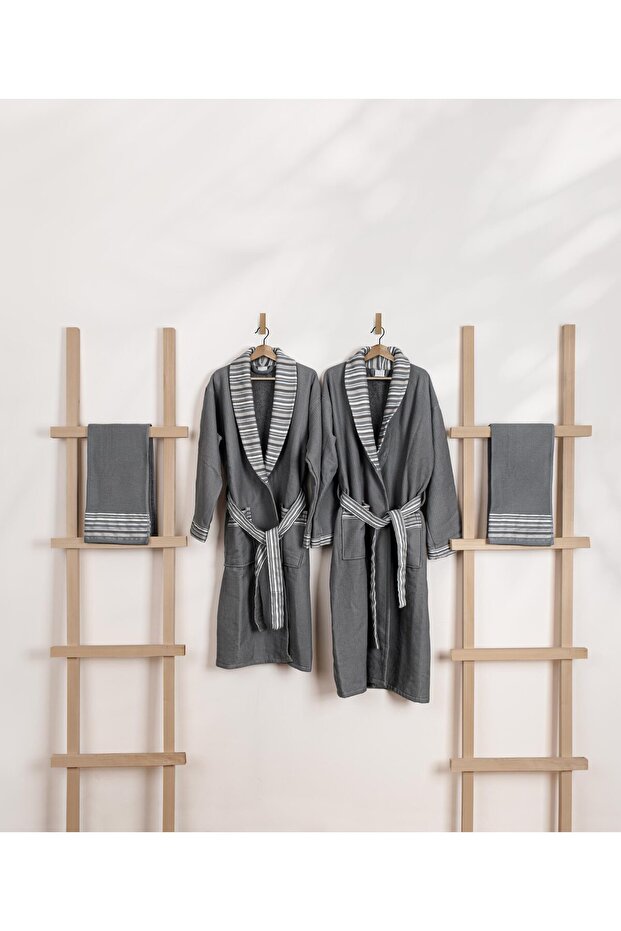 Limira 4-Piece Set Anthracite Cotton 2 Bathrobes (1 SM)-(1 L-XL) 2 Bridal Towels 50x90 2239