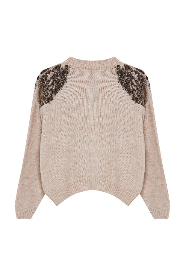 Бежевий м'який светр з вишивкою з блискітками TWOAW25HI00005 - 7