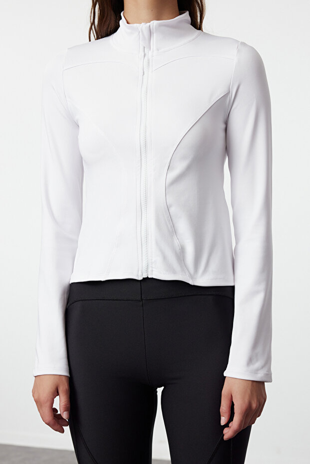 Biała dopasowana sportowa kurtka/bluza z dzianiny z rozpinanym kołnierzem i stójką Twoaw23Bz00592 - 4