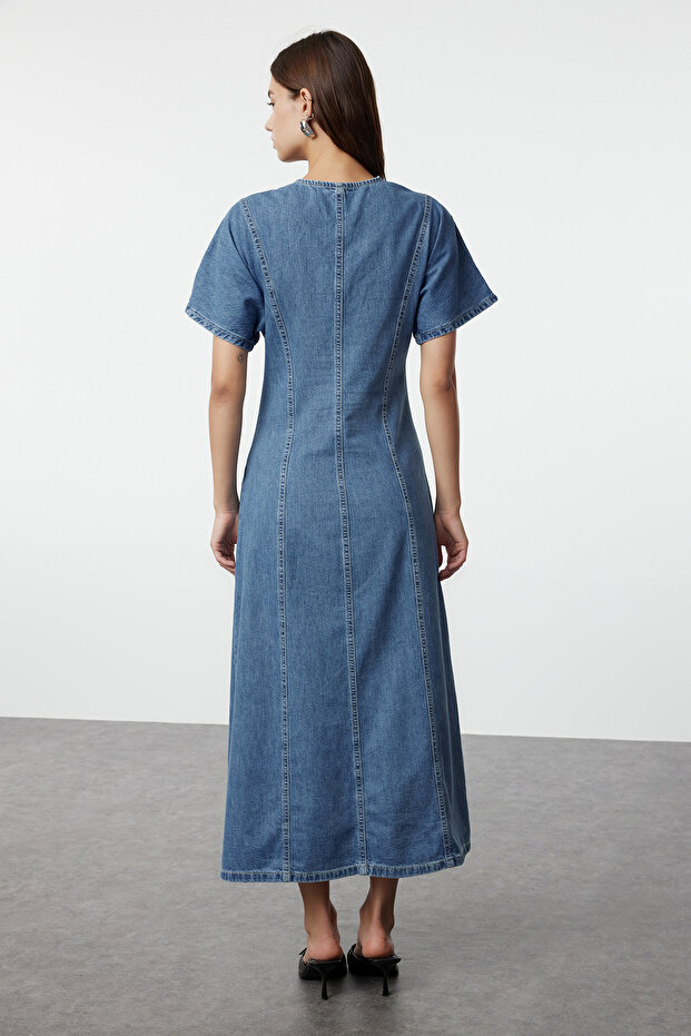Mavi Dikiş Detaylı V Yaka Maxi Denim Elbise TWOAW25EL00088 - 5
