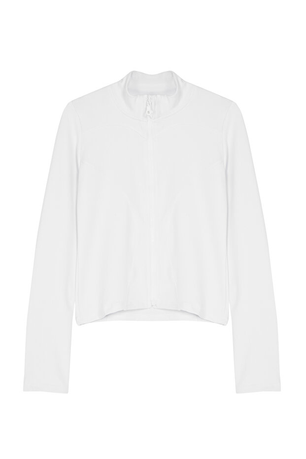 Biała dopasowana sportowa kurtka/bluza z dzianiny z rozpinanym kołnierzem i stójką Twoaw23Bz00592 - 6