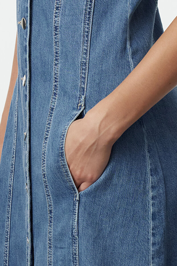Mavi Dikiş Detaylı V Yaka Maxi Denim Elbise TWOAW25EL00088 - 4