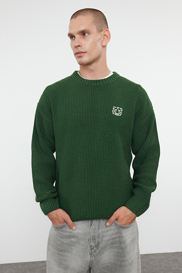 Haki Oversize Bisiklet Yaka Dokulu Triko Kazak TMNAW24KZ00032 - 2