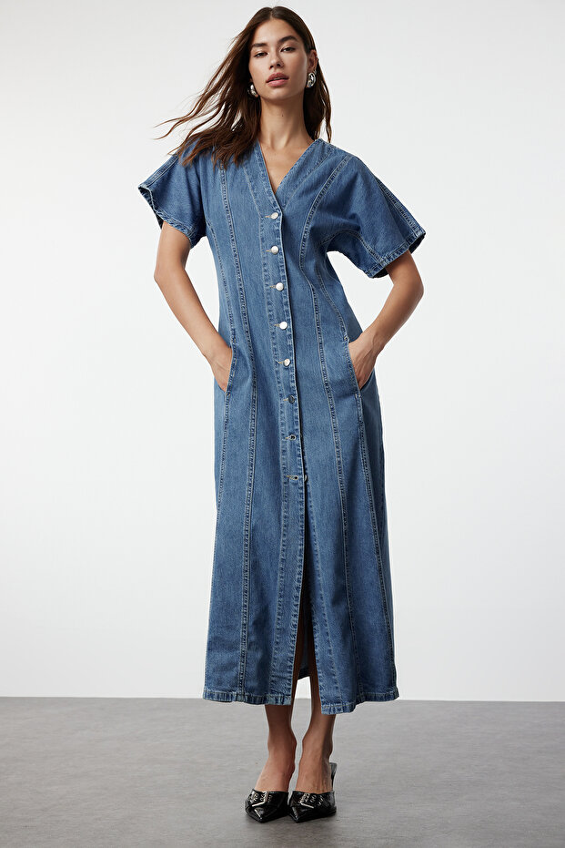 Mavi Dikiş Detaylı V Yaka Maxi Denim Elbise TWOAW25EL00088 - 2