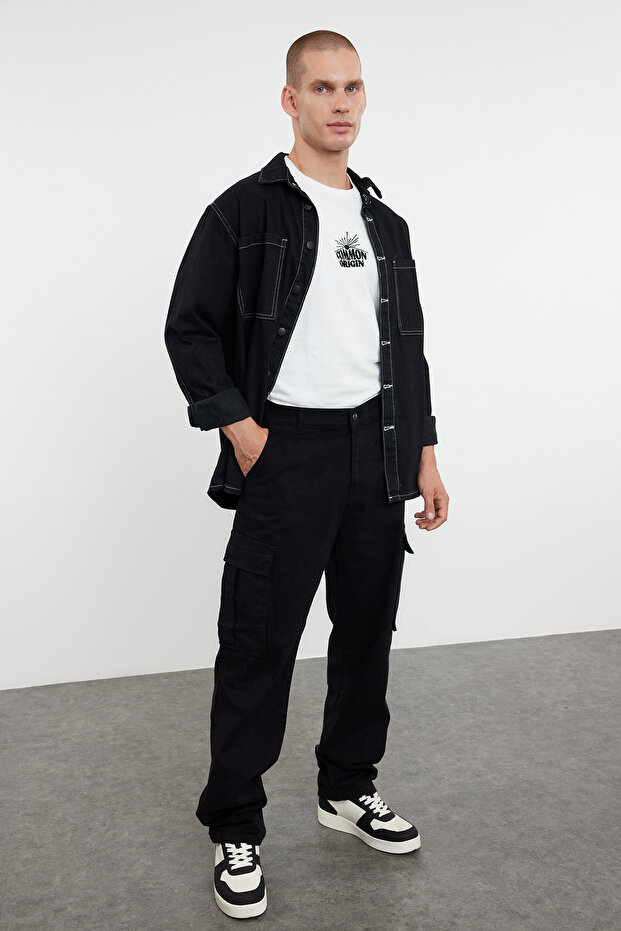 Siyah Kargo Cepli Baggy Kalıp %100 Pamuklu Gabardin Rahat Pantolon TMNSS24PL00021 - 4