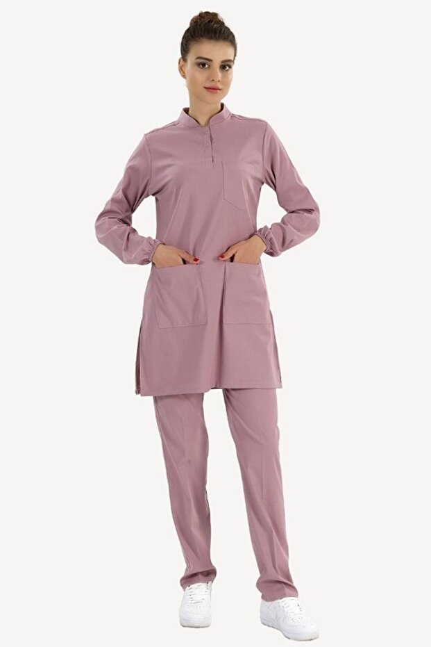 Rose Pink Modest Stretch Fabric Nurse Uniform Set Doctor Scrubs Uniform