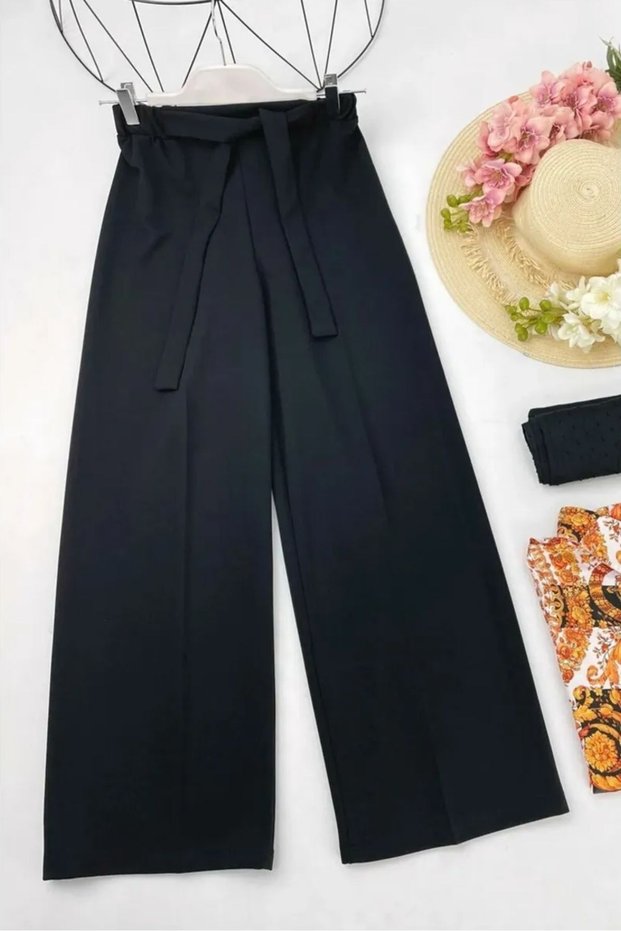 Bss Women's Elastic Waist Hollow Out Crepe Wide Leg Black Trousers