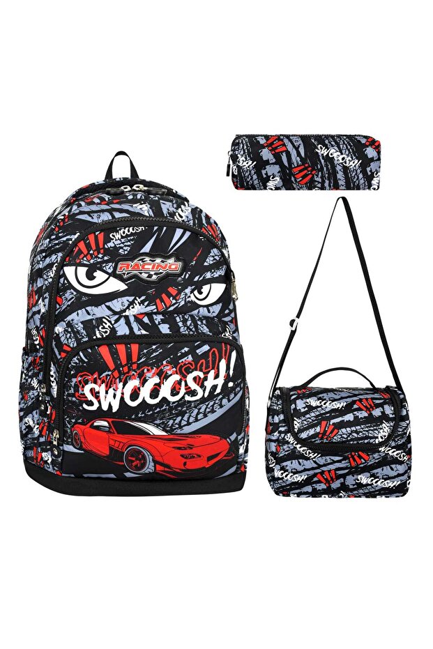 Car Patterned Primary School School Bag + Thermal Lunchbox + Pen Holder for Boy