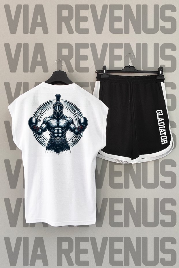 Gladiator Back Printed Sleeveless Crew Neck White Sport T-Shirt and Black Sport Shorts Set