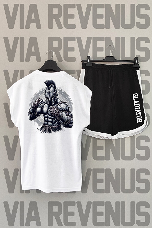 Gladiator Back Print Zero Sleeve Crew Neck White Sports Tshirt and Black Sports Shorts Set