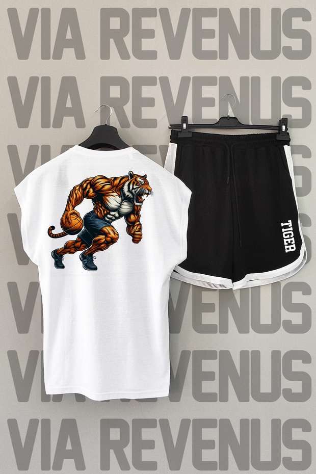 Basketball Tiger Back Printed Sleeveless Crew Neck White Sports T-shirt and Black Sports Shorts Set